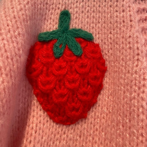 NWT Luna Ivy Anthropologie Size XS Pink Knit Cardigan 3D Appliqué Strawberries - Picture 3 of 12